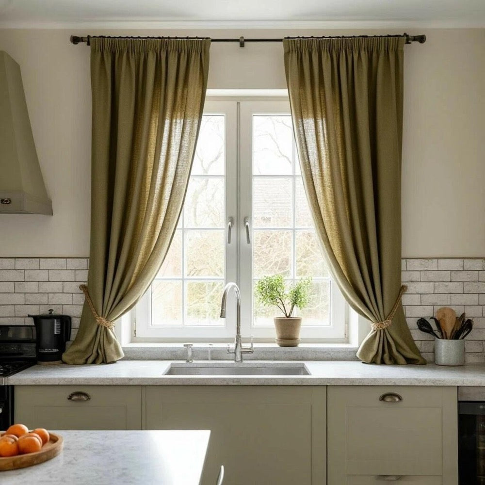 Organic Curtains - Stonewashed Cafe Curtain - Fabric Blinds - Semi Sheer Kitchen Valance - Flax Drape