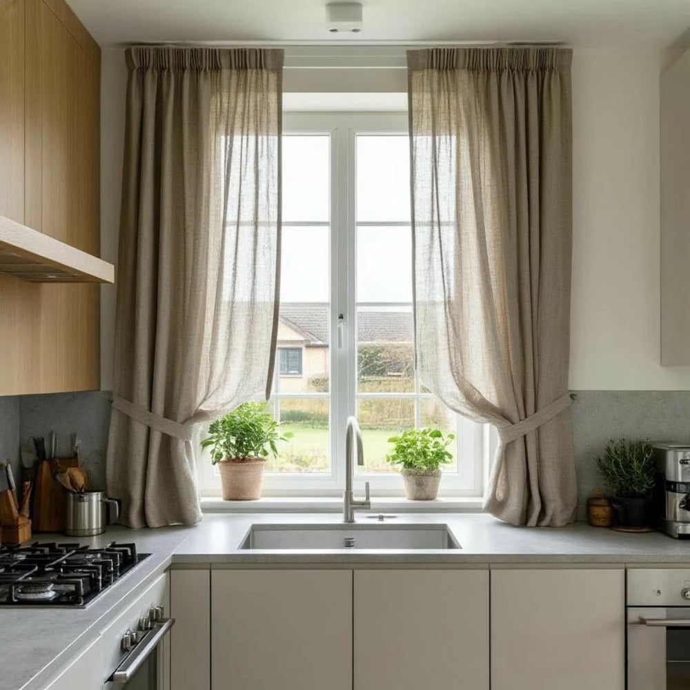Organic Curtains - Stonewashed Cafe Curtain - Fabric Blinds - Semi Sheer Kitchen Valance - Flax Drape
